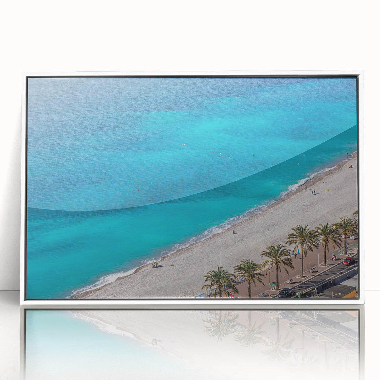 Mid-century modernist art of a serene French landscape in soft pastel shades, acrylic print framed in white.