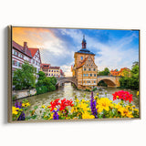 Framed canvas of a Bavarian landscape in muted earth tones, ideal for bedroom wall decor.