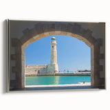 Framed canvas depicting a vintage-style landscape of Crete, Greece, with colorful elements on a black background.