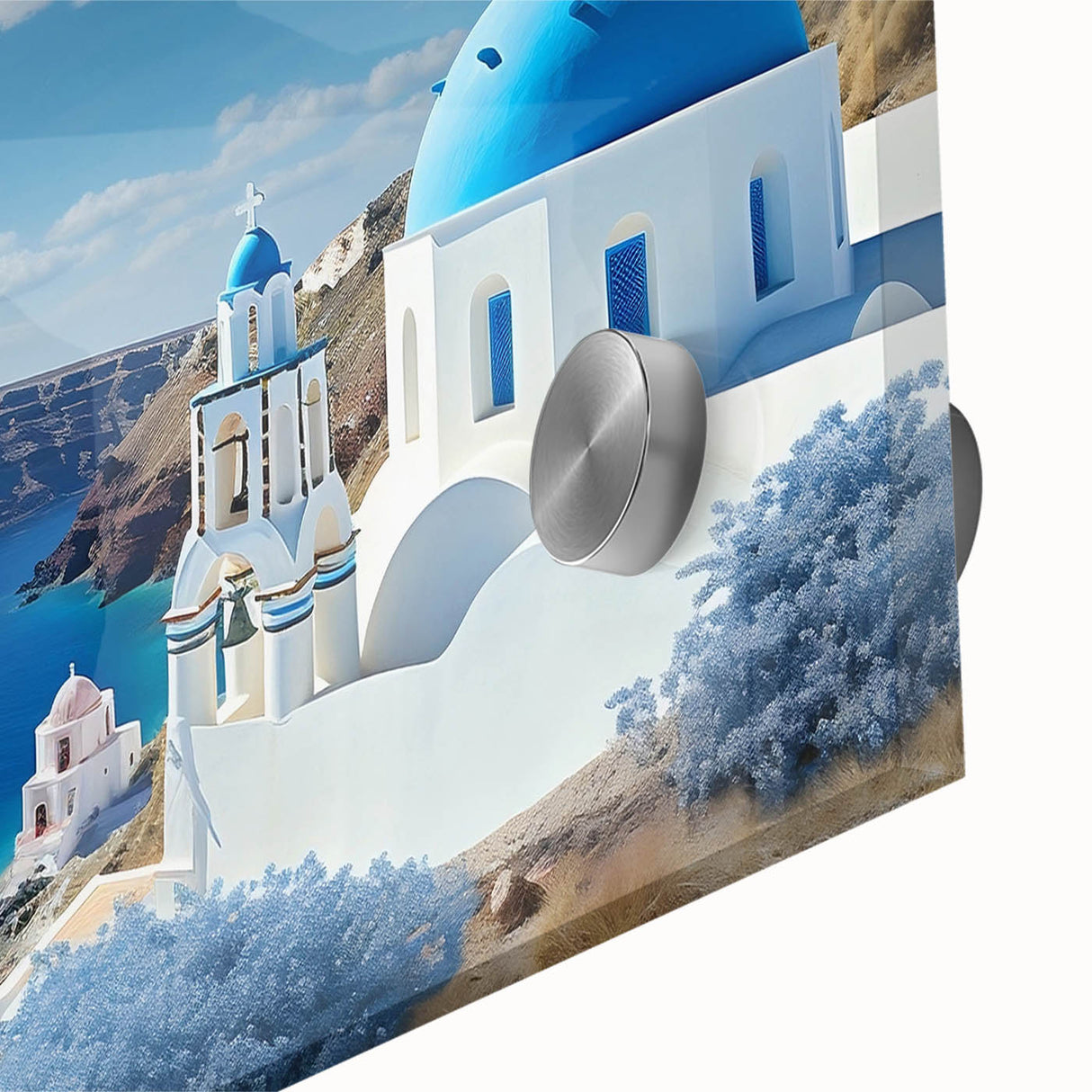 Acrylic print of Santorini landscape in muted blue and white tones.