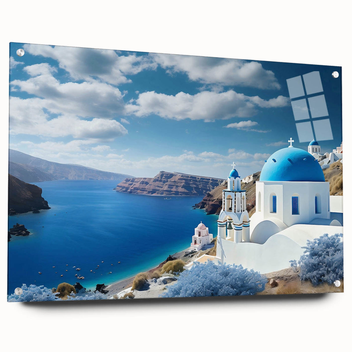 Acrylic print of Santorini scenery with vibrant blue and white tones, ideal for bedroom or dining room decor.