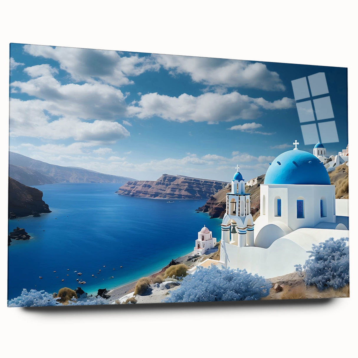 Acrylic print of Santorini landscape with blue and white buildings, ideal for bedroom or dining room art.