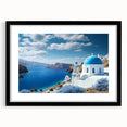 Extra large framed abstract art print of Santorini with textured blue and white colors, ideal for living room decor.