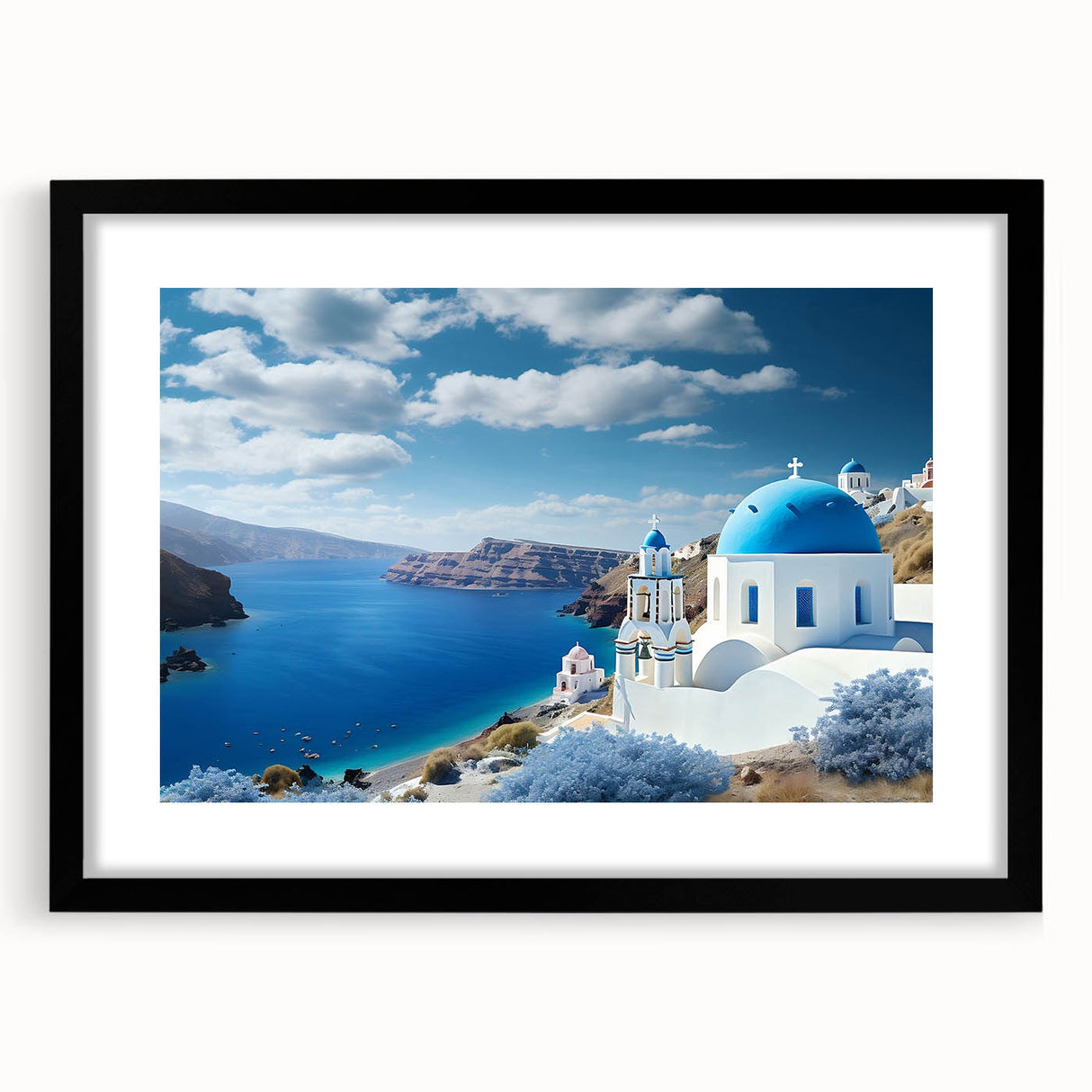 Extra large framed abstract art print of Santorini with textured blue and white colors, ideal for living room decor.