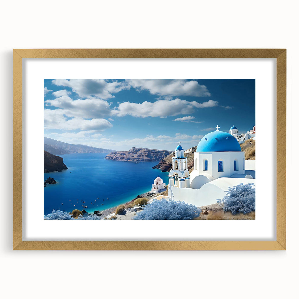 Abstract art print of Santorini with blue and white tones on a framed gold mat, ideal for dining room decor.