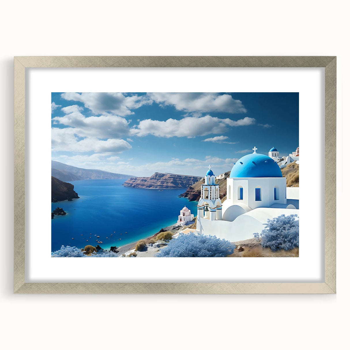 Extra large wall art featuring an abstract depiction of Santorini in textured blue and white hues, framed in silver.