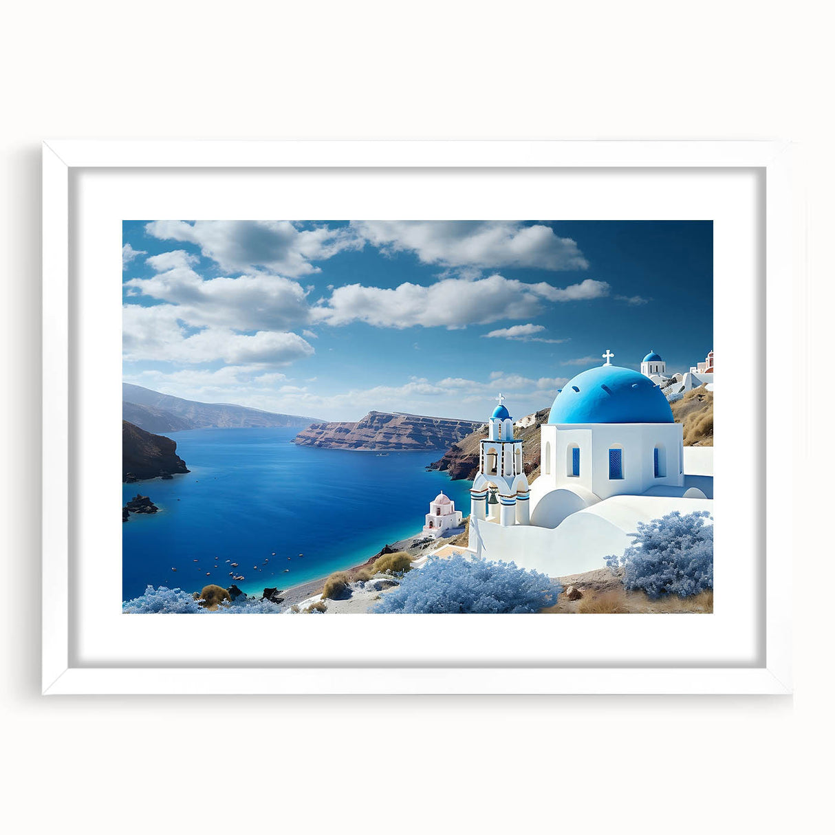 Textured art print of Santorini with muted blue and white tones on a framed canvas, suitable for bedroom art.