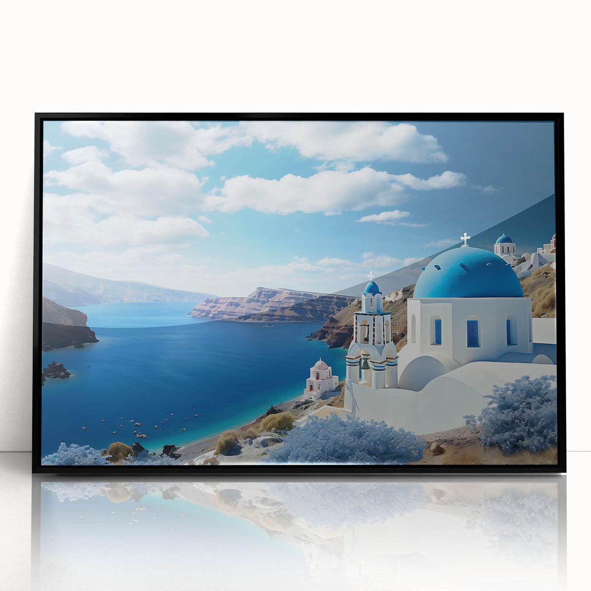 Framed acrylic print of Santorini landscape in muted blue and white tones, ideal for modern art wall decor.