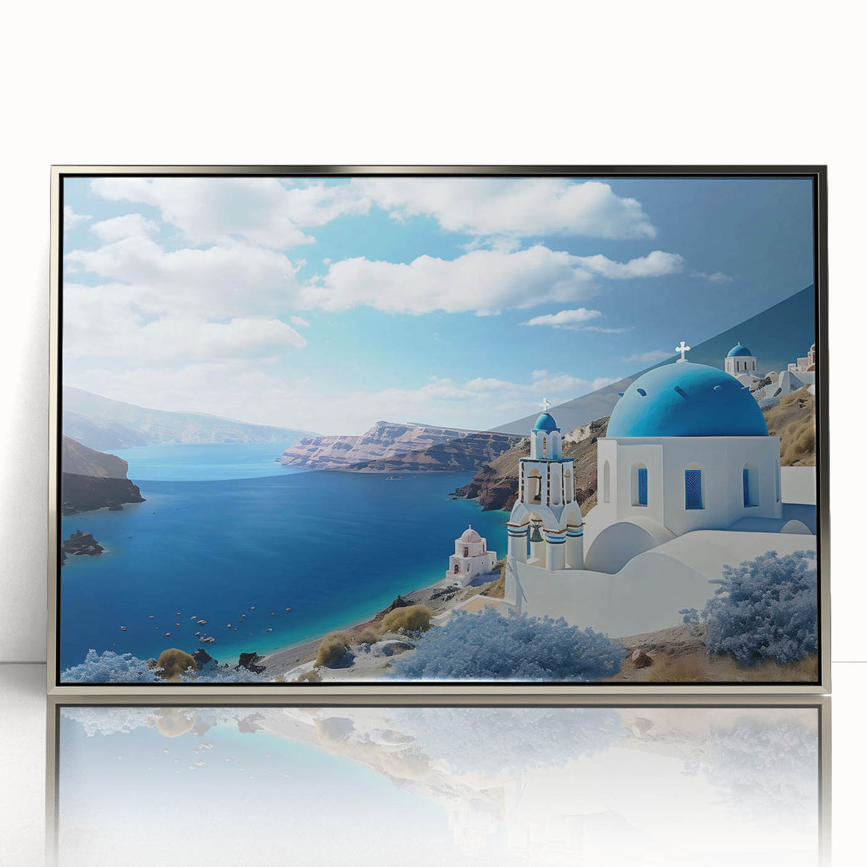 Framed acrylic print of Santorini landscape in muted blue and white tones, ideal for modern art wall decor.