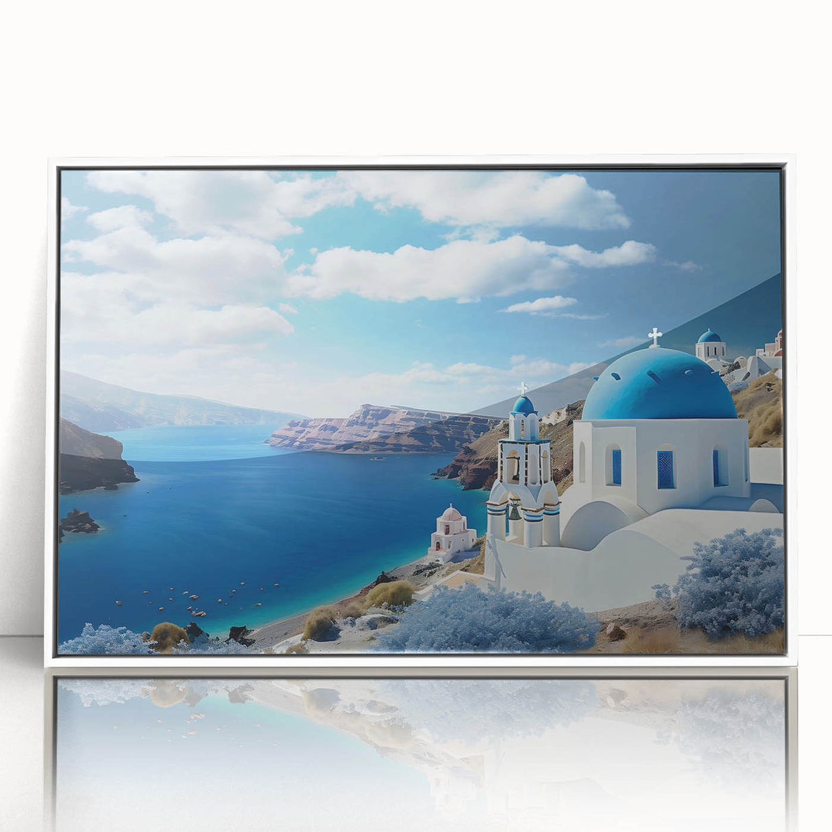 Mid-century modernist art depicting a vibrant Santorini landscape on a framed acrylic, ideal for modern art wall decor.