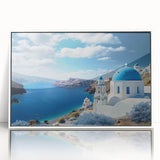 Mid-century modernist art depicting a vibrant Santorini landscape on a framed acrylic, ideal for modern art wall decor.