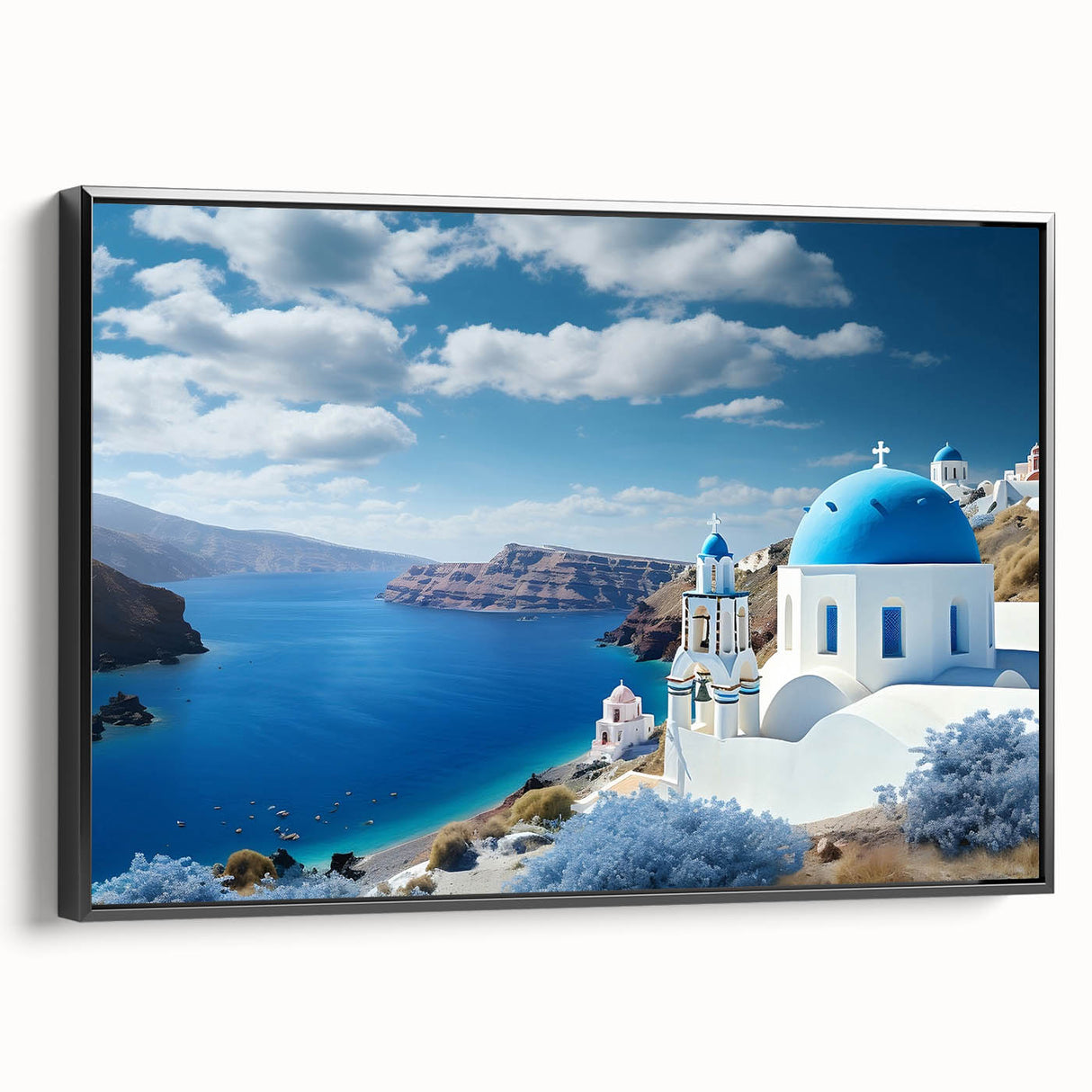 Black and white framed canvas of Santorini landscape, ideal for bedroom wall decor in a vintage poster style.