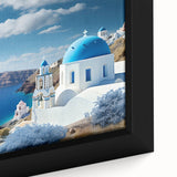 Extra large framed canvas of a textured Santorini scenery in black with colorful accents, ideal for living room decor.