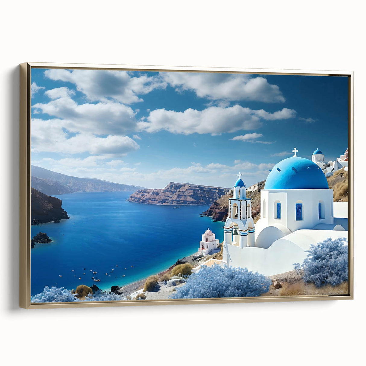Framed canvas of Santorini landscape in gold, ideal for bedroom decor.