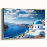 Framed canvas of Santorini landscape in gold, ideal for bedroom decor.