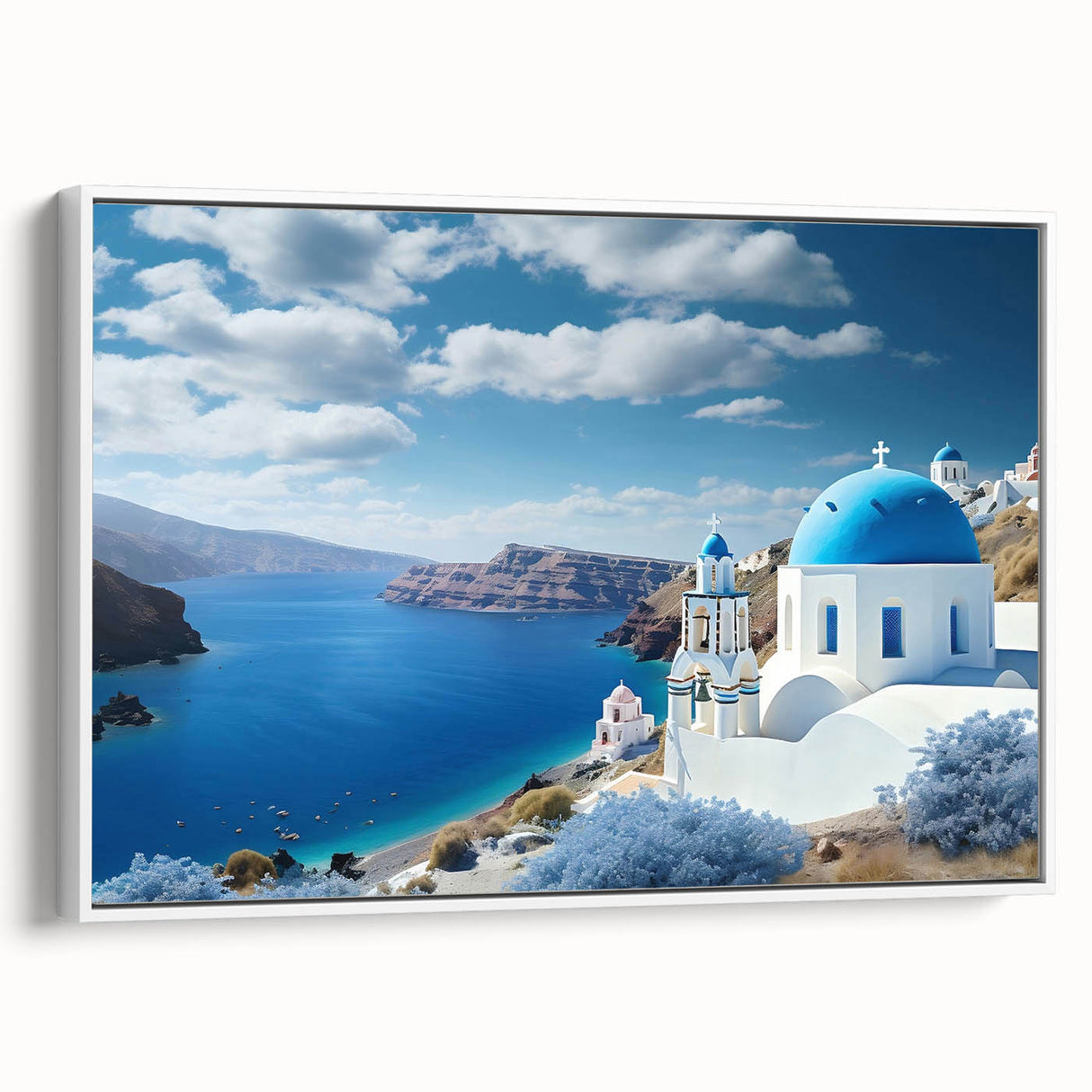 Vintage poster art of Santorini with vivid blue and white hues on framed canvas, suitable for living room decor.