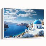 Vintage poster art of Santorini with vivid blue and white hues on framed canvas, suitable for living room decor.