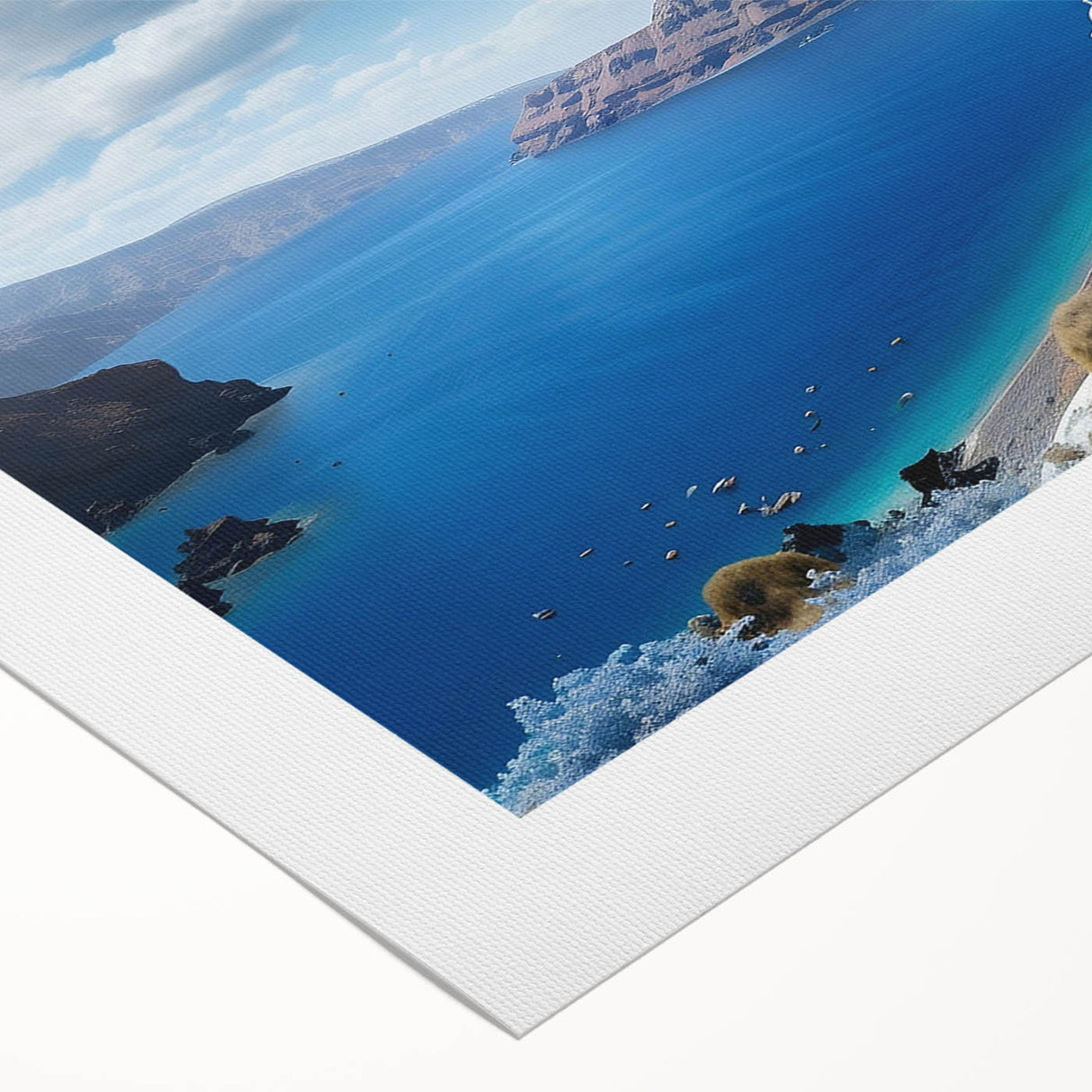 Art deco poster of Santorini landscape with vivid blue and white tones on rolled canvas, suited for dining room wall art.