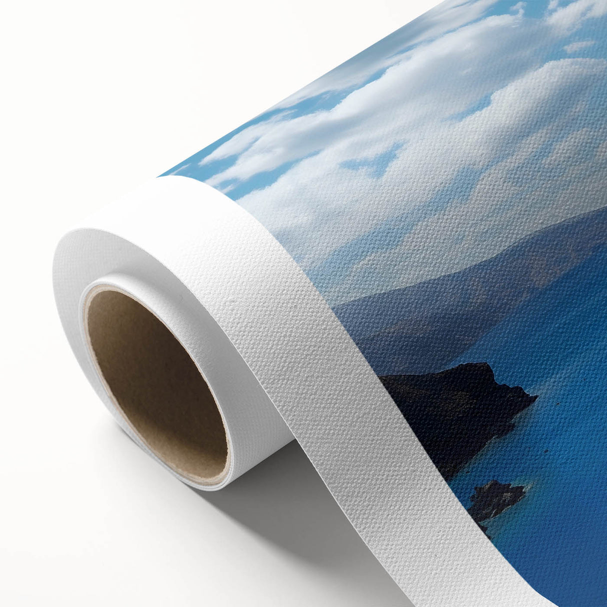 Art Deco poster of Santorini landscape on rolled canvas, featuring pastel blue and white tones.