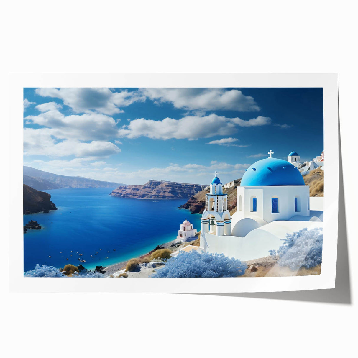 Rolled print of Santorini scenery with blue and white tones, perfect for art wall dining room or classy bathroom.