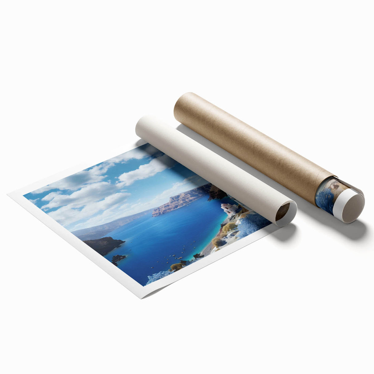 Extra large wall art featuring a serene Santorini landscape in pastel shades on rolled canvas.