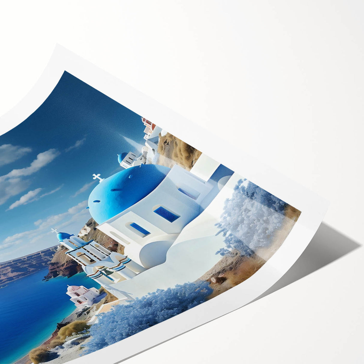 Extra large rolled print of Santorini scenery with white buildings and blue domes under a clear sky.