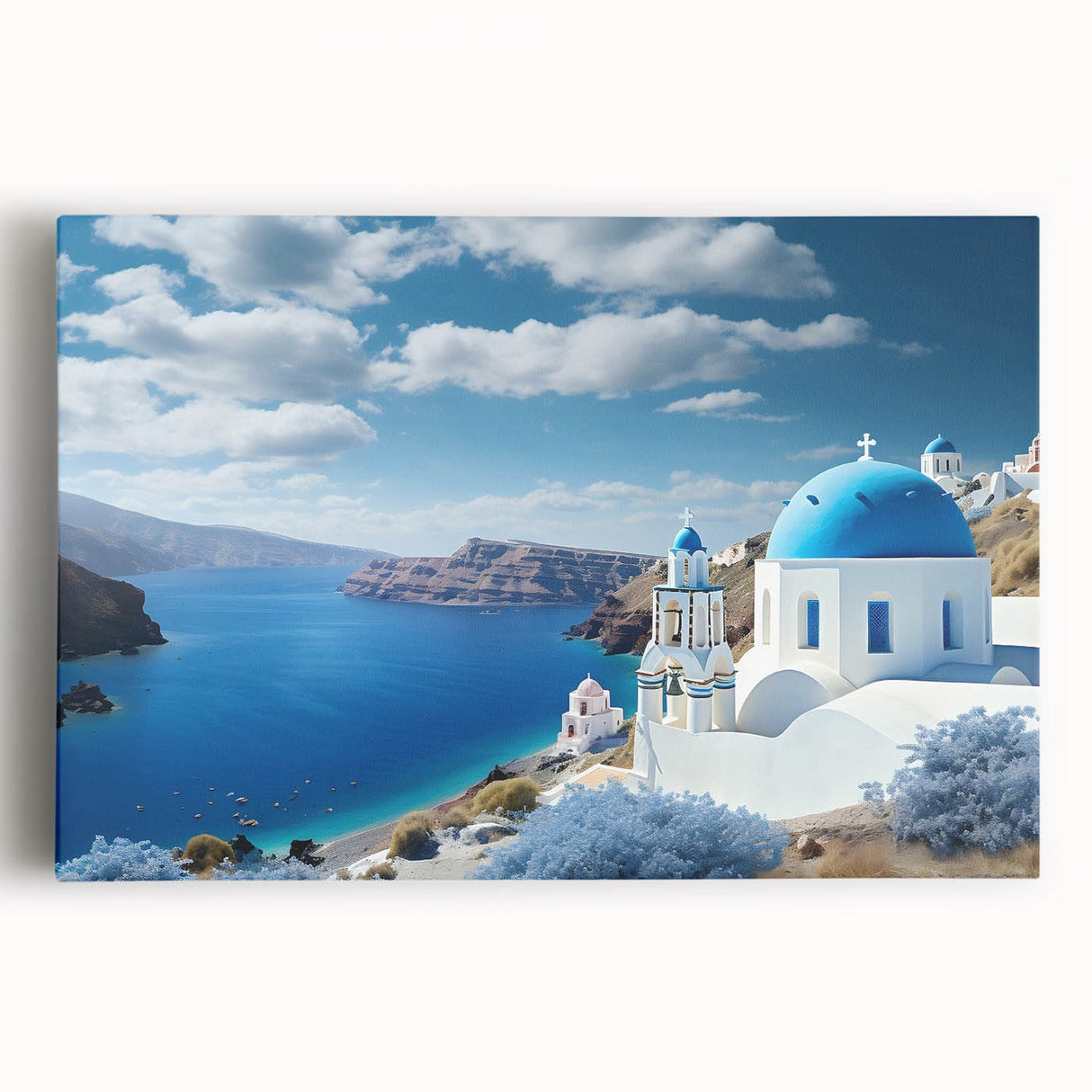 Black and white image of Santorini on stretched canvas, featuring architectural details and ocean views.