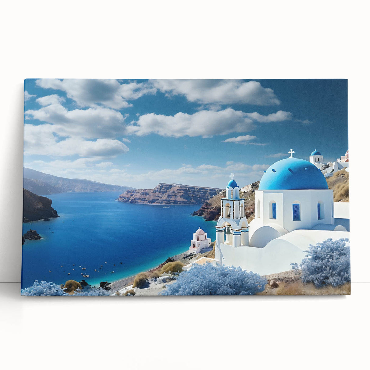 Black and white large art of Santorini landscape on stretched canvas, ideal for kitchen wall art.