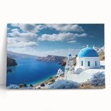 Black and white large art of Santorini landscape on stretched canvas, ideal for kitchen wall art.