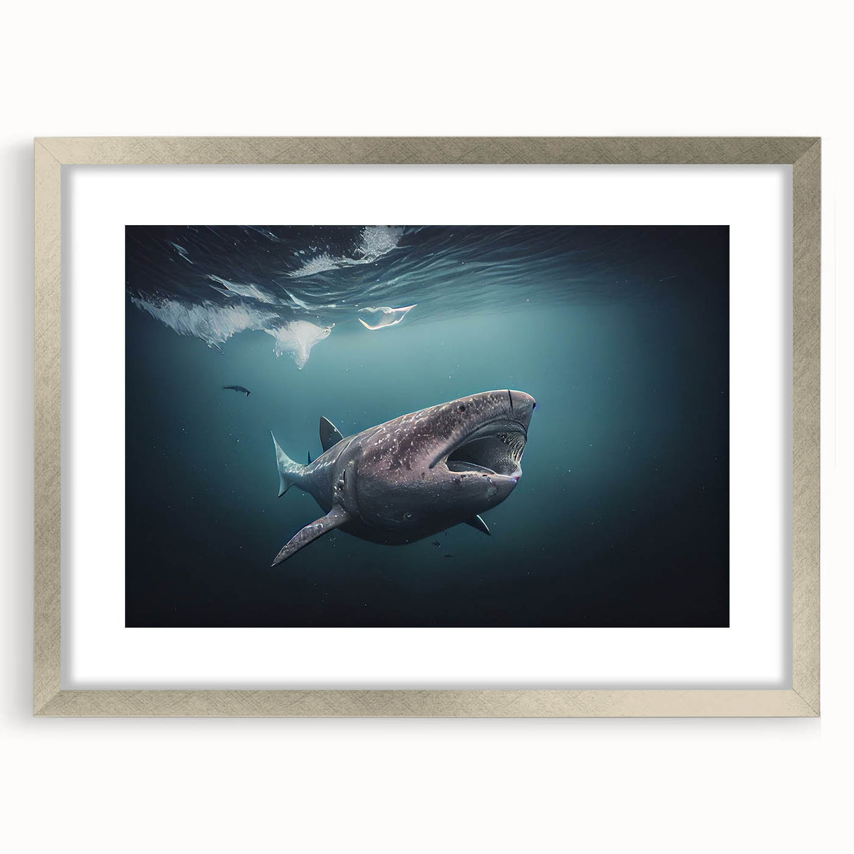 Extra large abstract art print featuring textured scenery of Greenland in muted green tones, framed in silver.