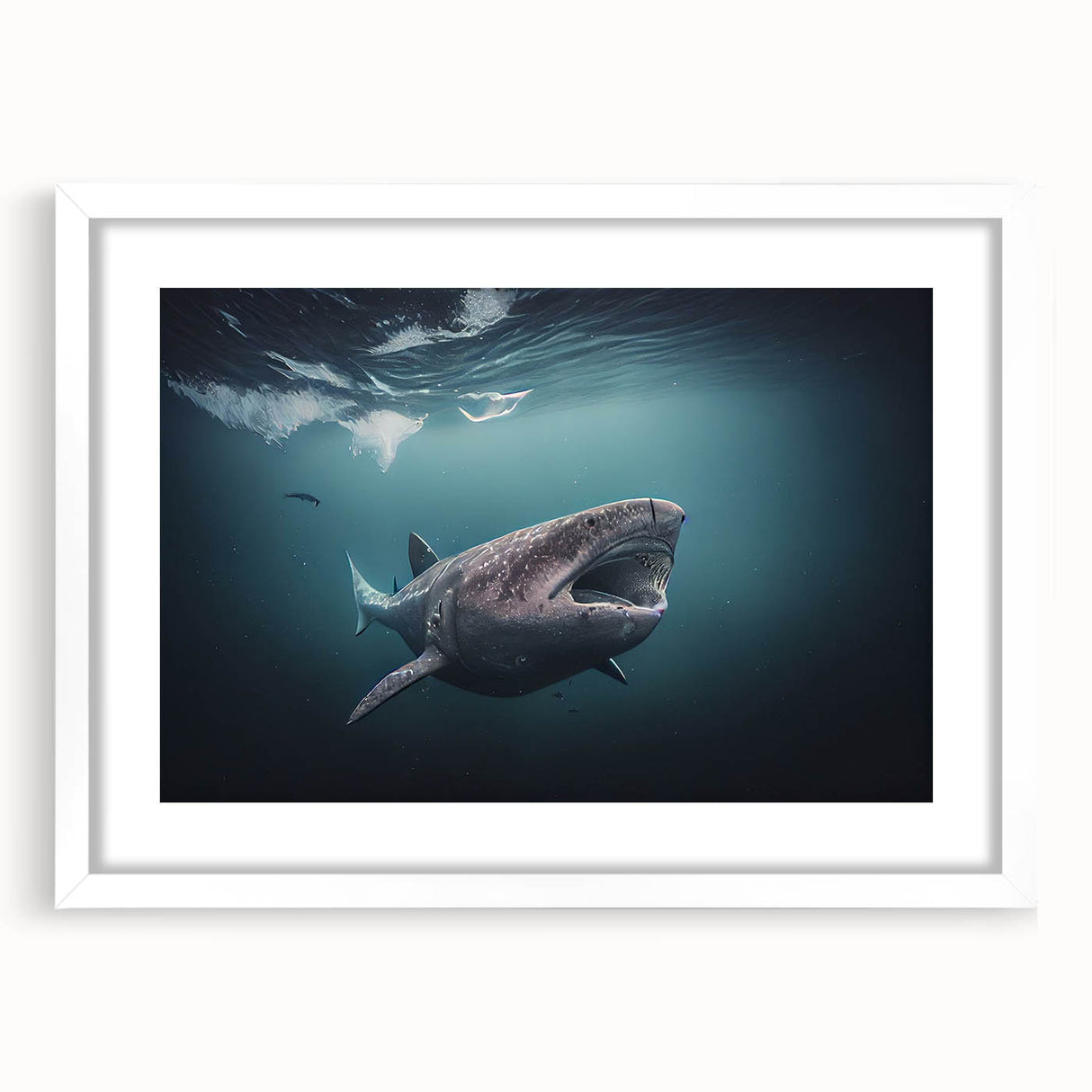 Textured art print of a Greenland landscape in muted green and blue tones on a white framed mat, ideal for bedroom art.