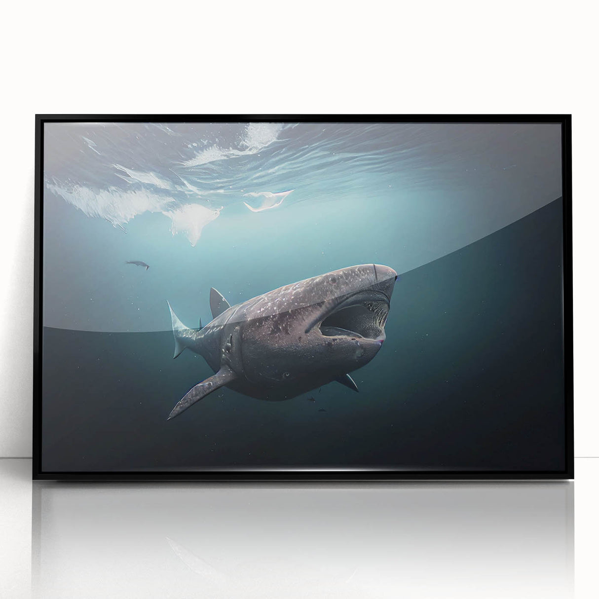 Large abstract wall art depicting a serene Greenland landscape in muted green and blue tones, framed in black acrylic.