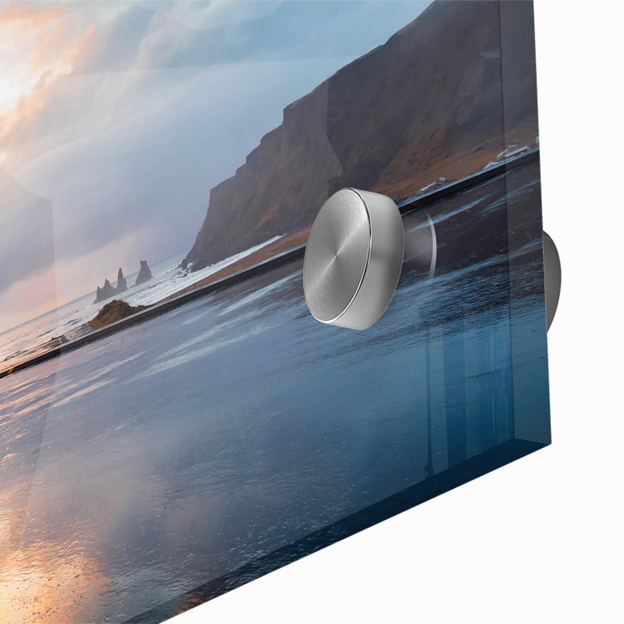 Large abstract wall art depicting a European scenery, in muted blues and grays on acrylic glass.