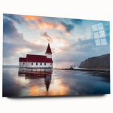 Large abstract wall art of an Icelandic scenery in muted blue and gray tones on acrylic glass.