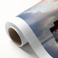 Art deco poster of an Icelandic landscape in muted blue and green hues on rolled canvas, ideal for nursery wall art.