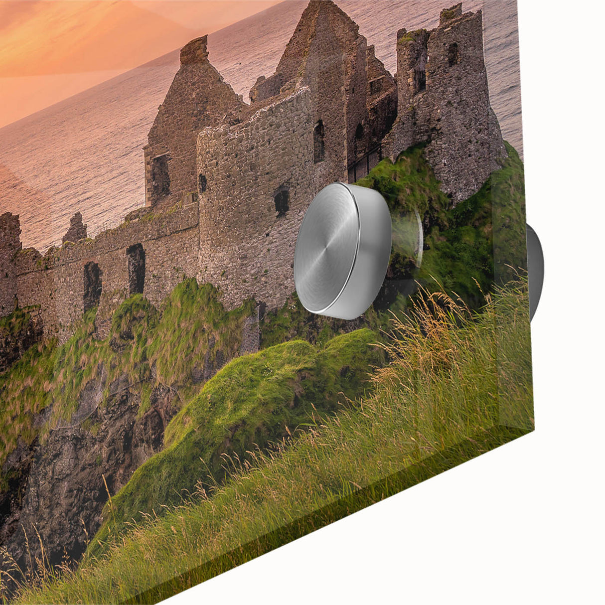 Acrylic print of a large abstract depiction of an Irish landscape in muted green and blue tones, ideal for dining room art.