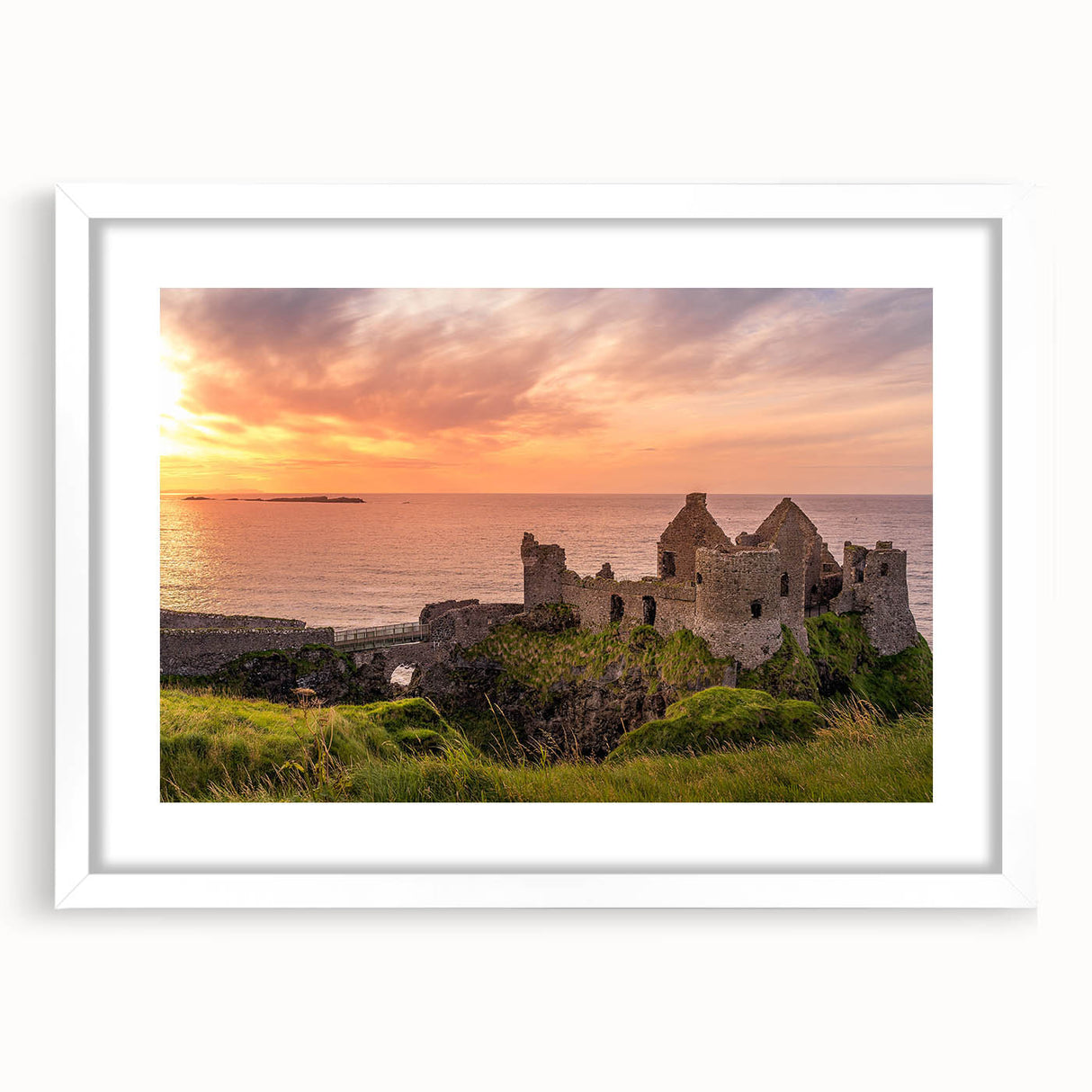 Textured art depicting an abstract Irish landscape in muted green and brown tones, framed with a white mat.