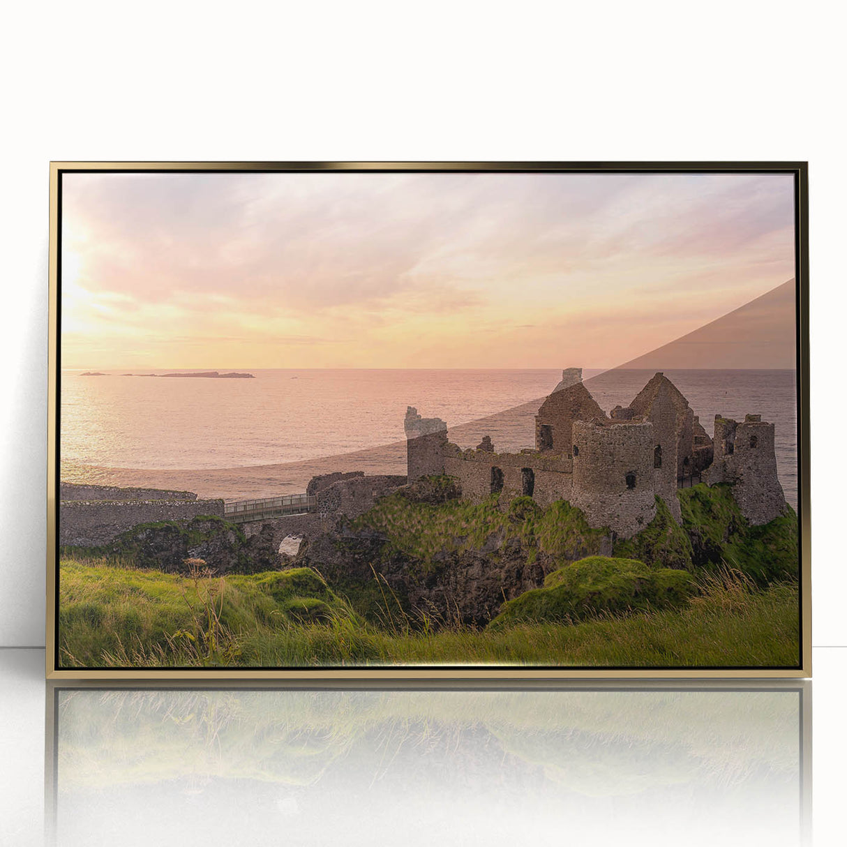 Art deco poster of a European scenery in Ireland, featuring muted green and gold tones on a framed acrylic.