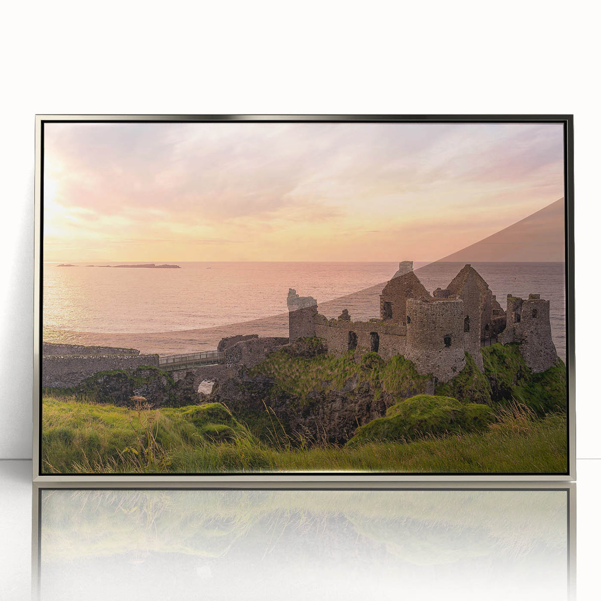 Large acrylic print of a serene Irish landscape in cool green and blue hues, framed in silver.