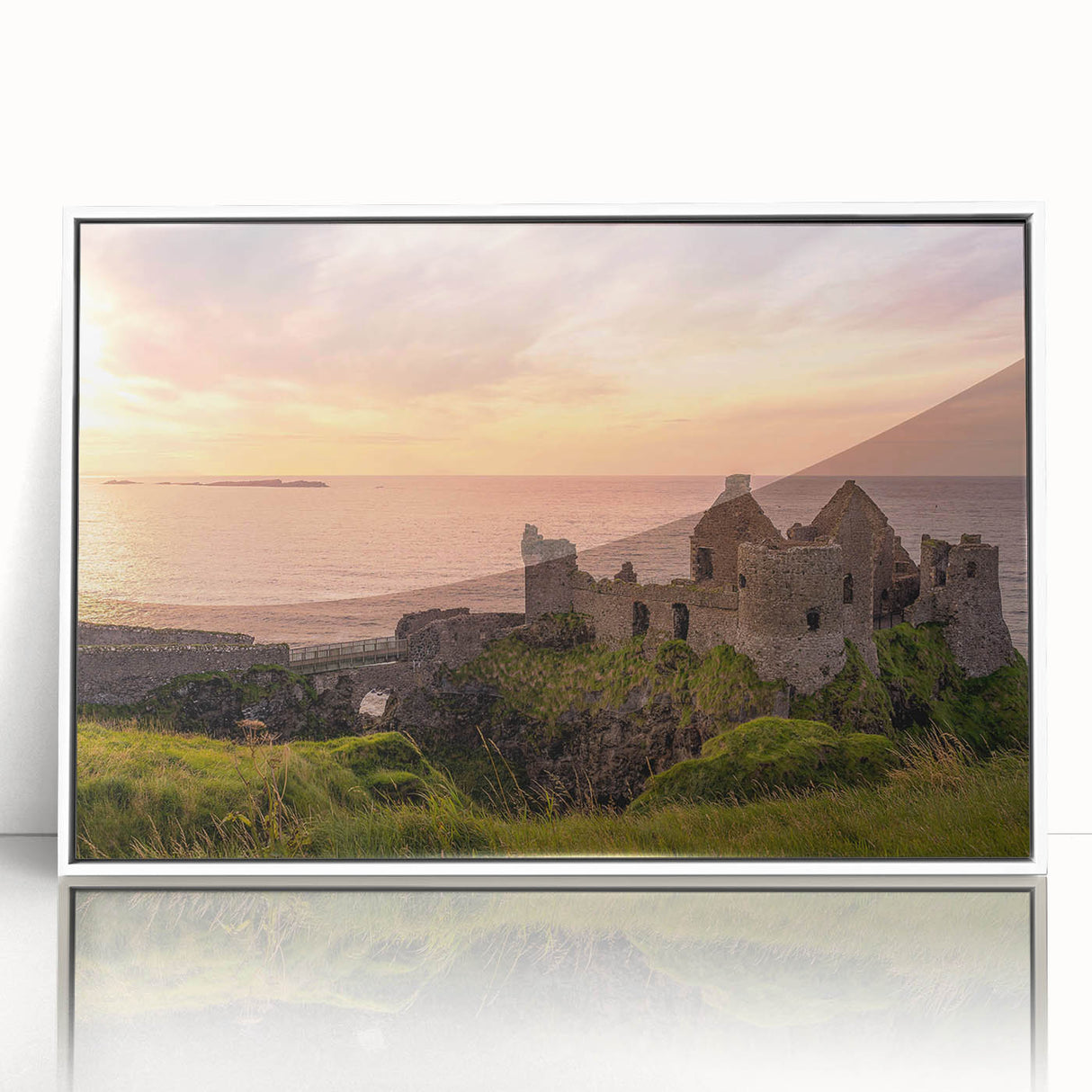 Mid-century modernist art depicting a serene Irish landscape in muted green and blue tones, framed in white acrylic.