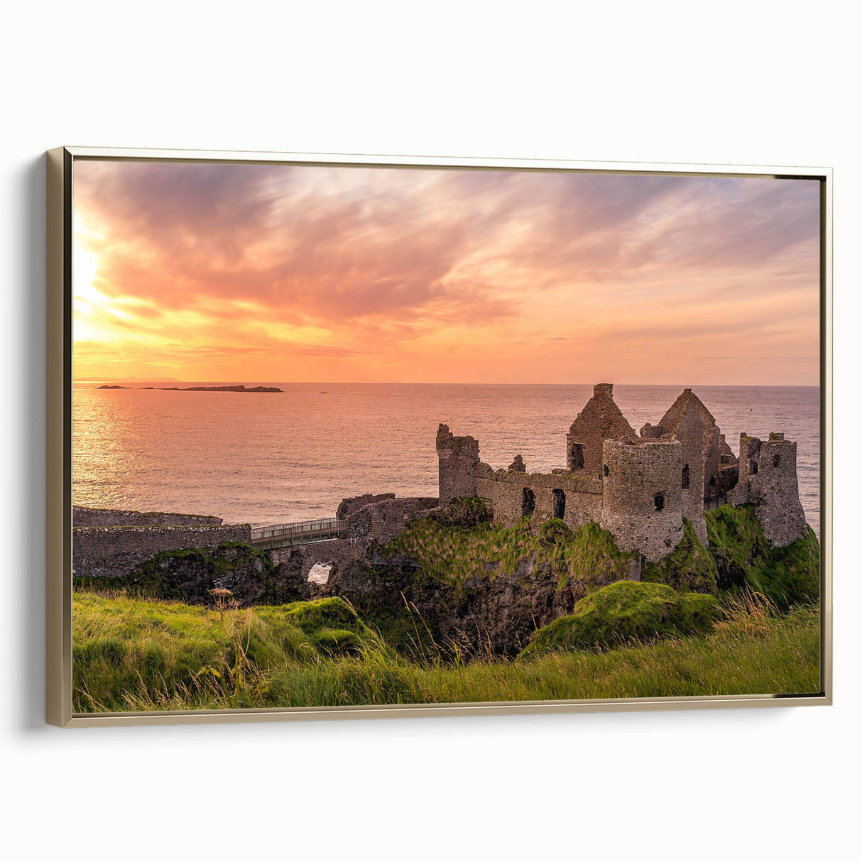 Framed canvas featuring a vintage-style landscape painting of an Irish countryside in muted green and gold tones.