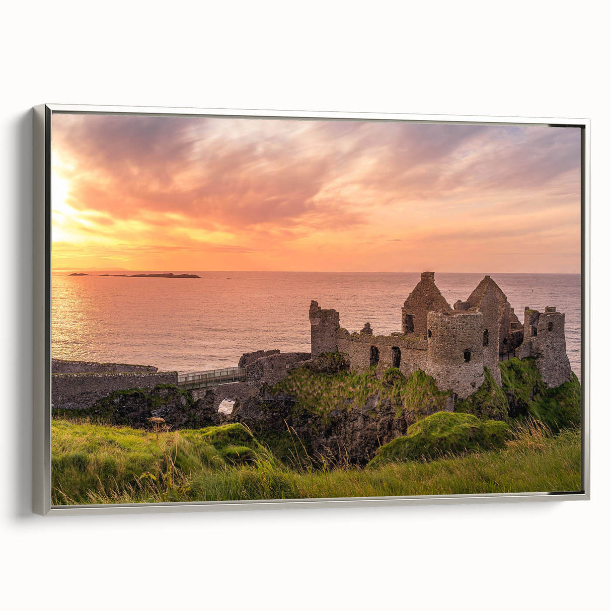 Landscape art painting of an Irish scenery on framed canvas, featuring green fields and a vibrant sky.
