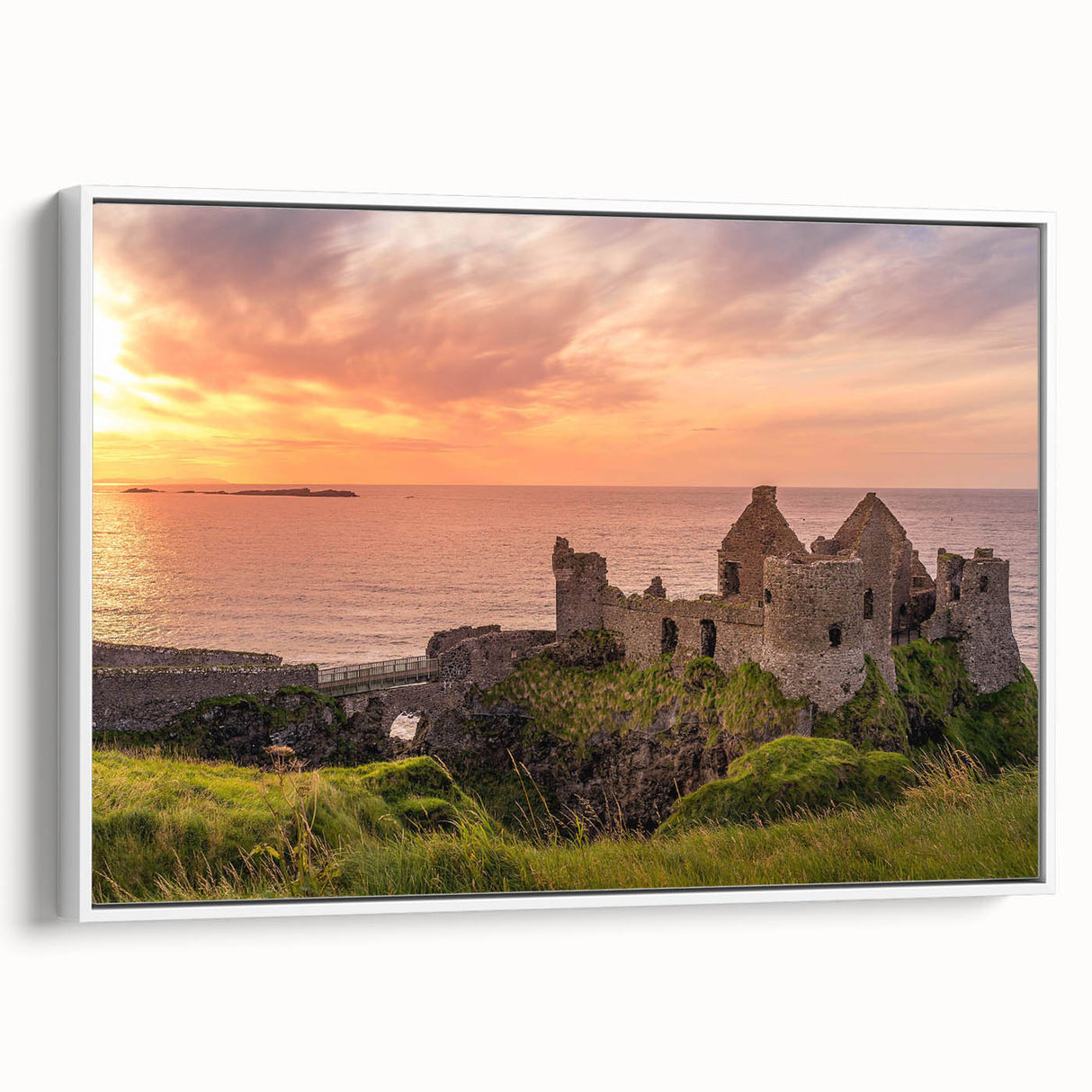Vintage poster art of an Irish landscape on a large framed canvas, featuring vibrant green and blue tones.