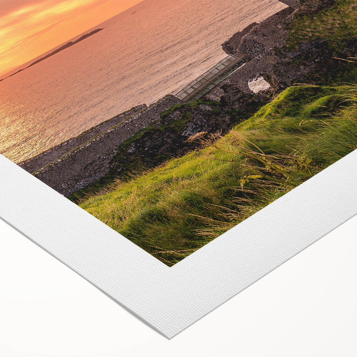 Art deco poster featuring a serene Irish landscape in muted green and blue tones, printed on rolled canvas.