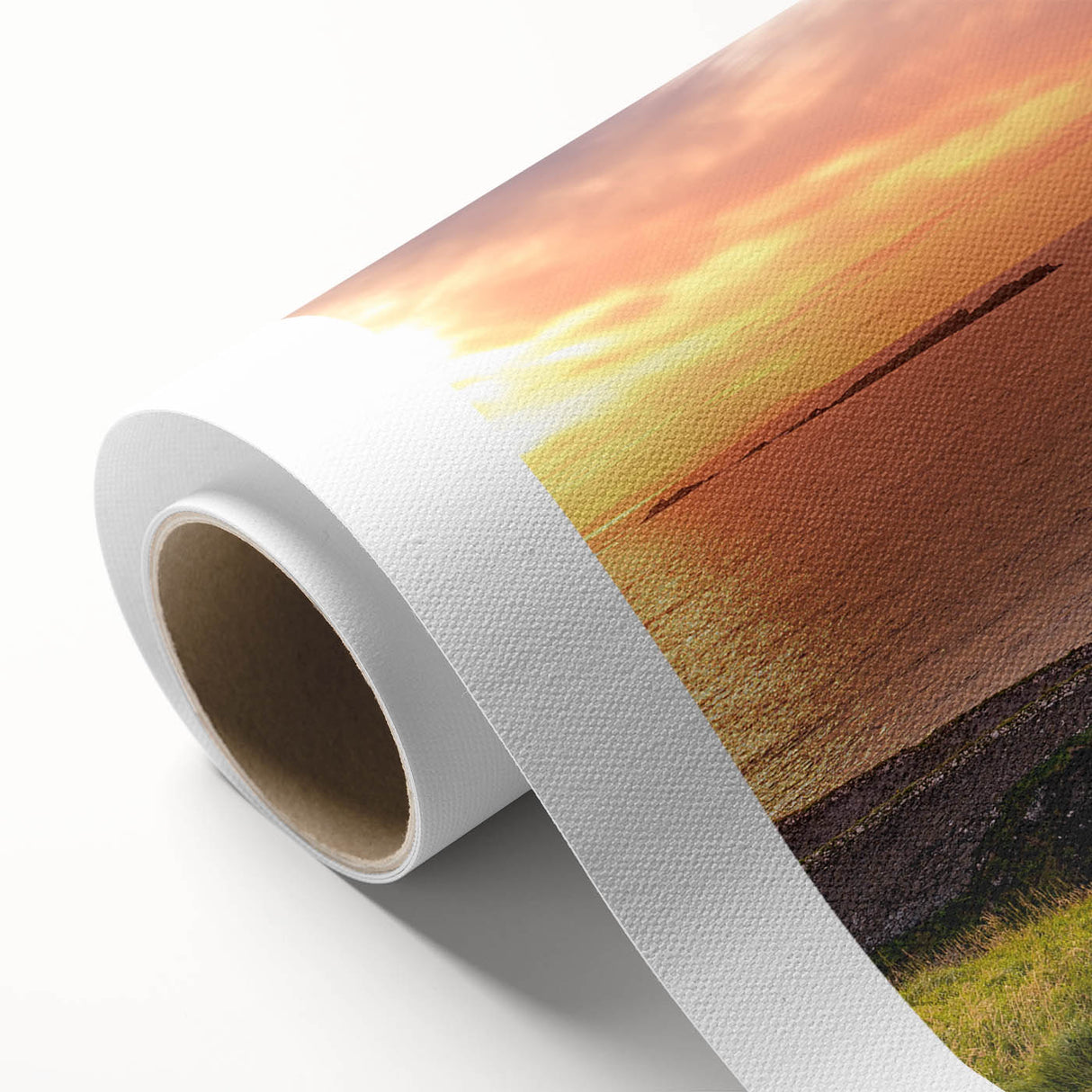 Art deco poster of an Irish landscape in muted green and brown tones on rolled canvas, ideal for nursery wall art.