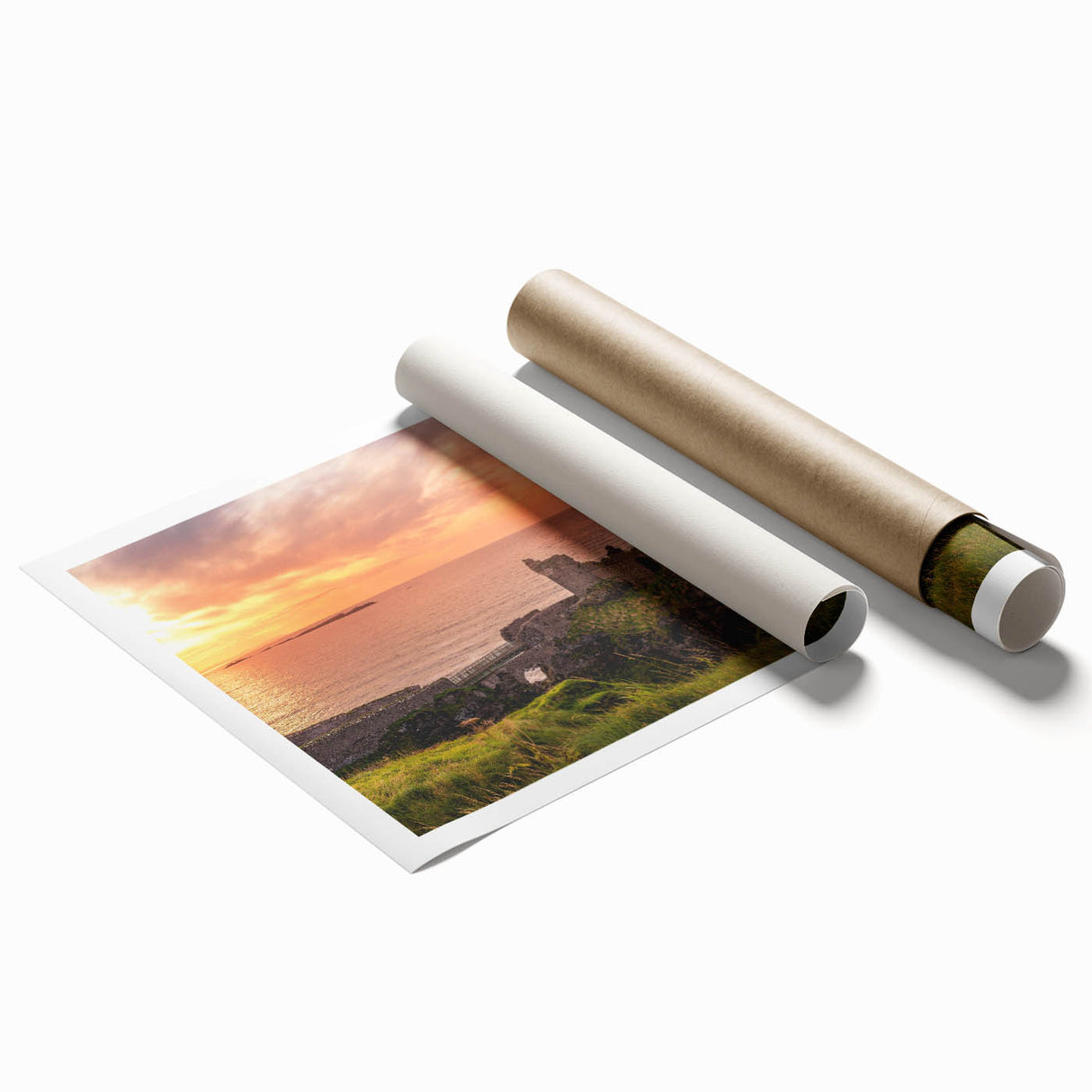 Extra large rolled print depicting a serene Irish landscape with vibrant green tones, ideal for classy bathroom wall decor.