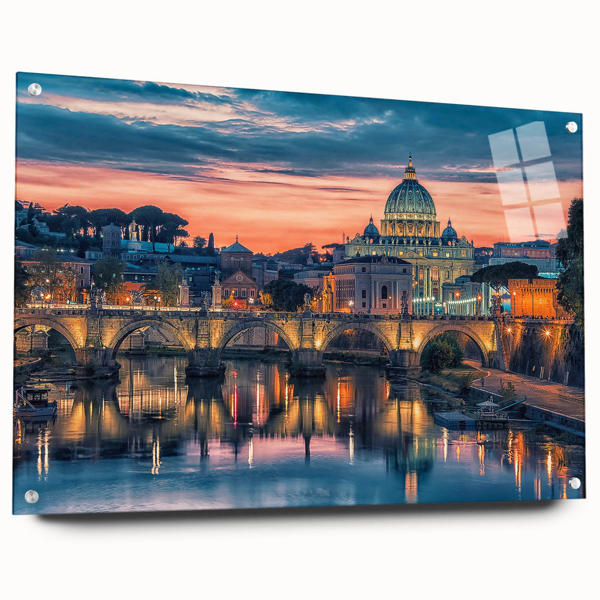 Acrylic print of a large abstract depiction of Rome, Italy, featuring muted earth tones, ideal for dining room decor.
