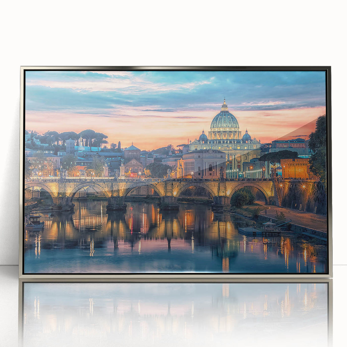 Large art print of Rome scenery on acrylic, framed in silver, featuring mid-century modernist style.