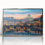 Large art print of Rome scenery on acrylic, framed in silver, featuring mid-century modernist style.