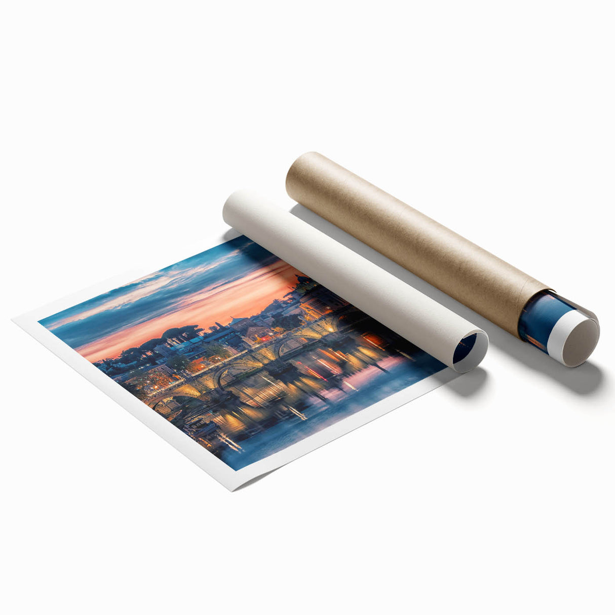 Extra large rolled print featuring a serene Rome scenery with floral elements in soft pastel shades.